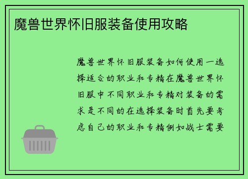 魔兽世界怀旧服装备使用攻略